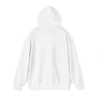 White LuckeLadybug funny husky graphic hoodie shown from the back with hood up and long sleeves