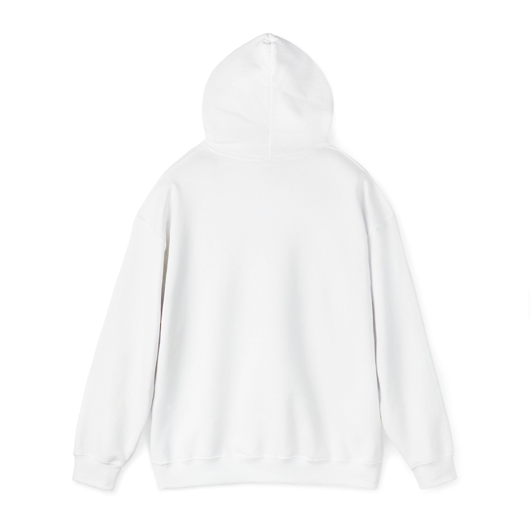 White LuckeLadybug funny husky graphic hoodie shown from the back with hood up and long sleeves