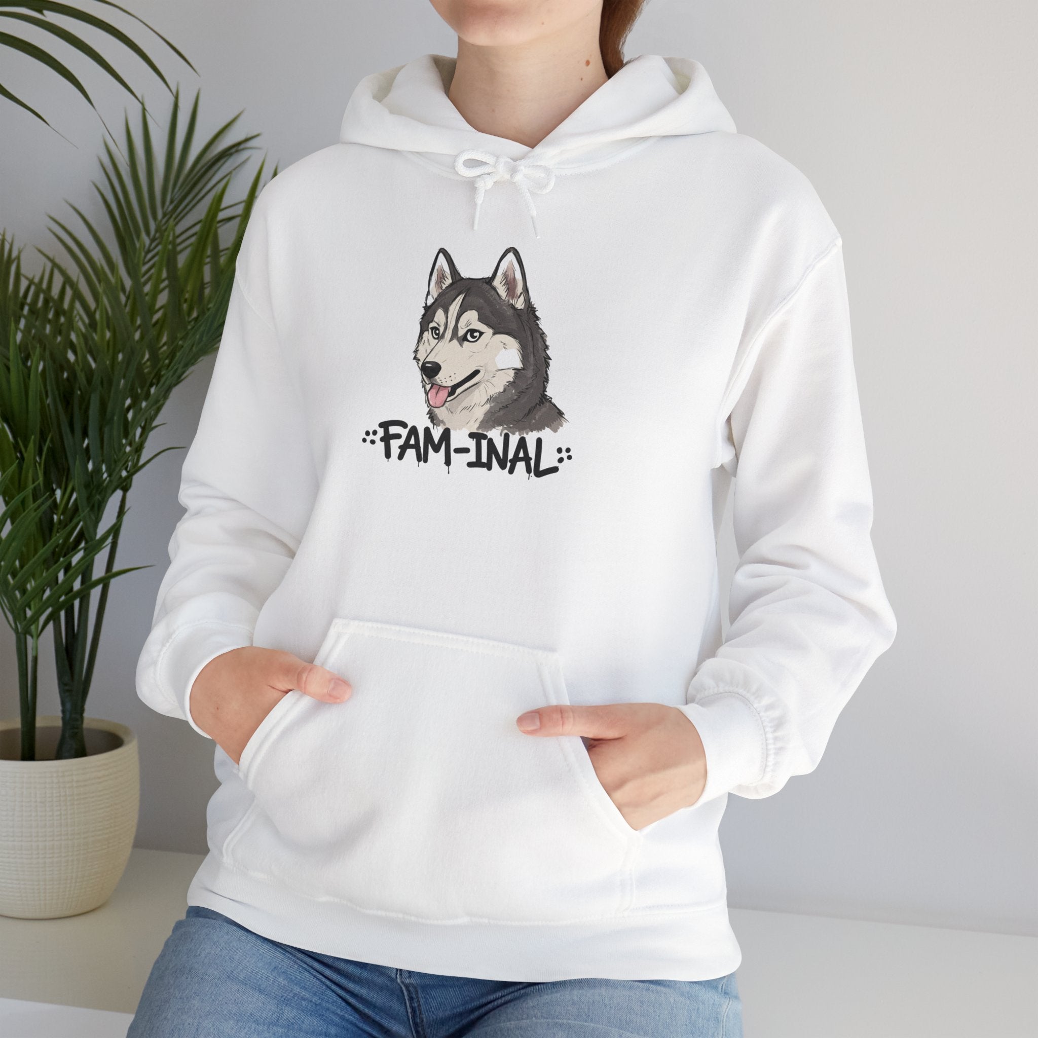 White funny husky graphic hoodie by LuckeLadybug featuring a husky face and fam-inal text