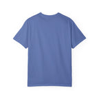 Back view of blue LuckeLadybug funny husky shirt for adults plain cotton t-shirt
