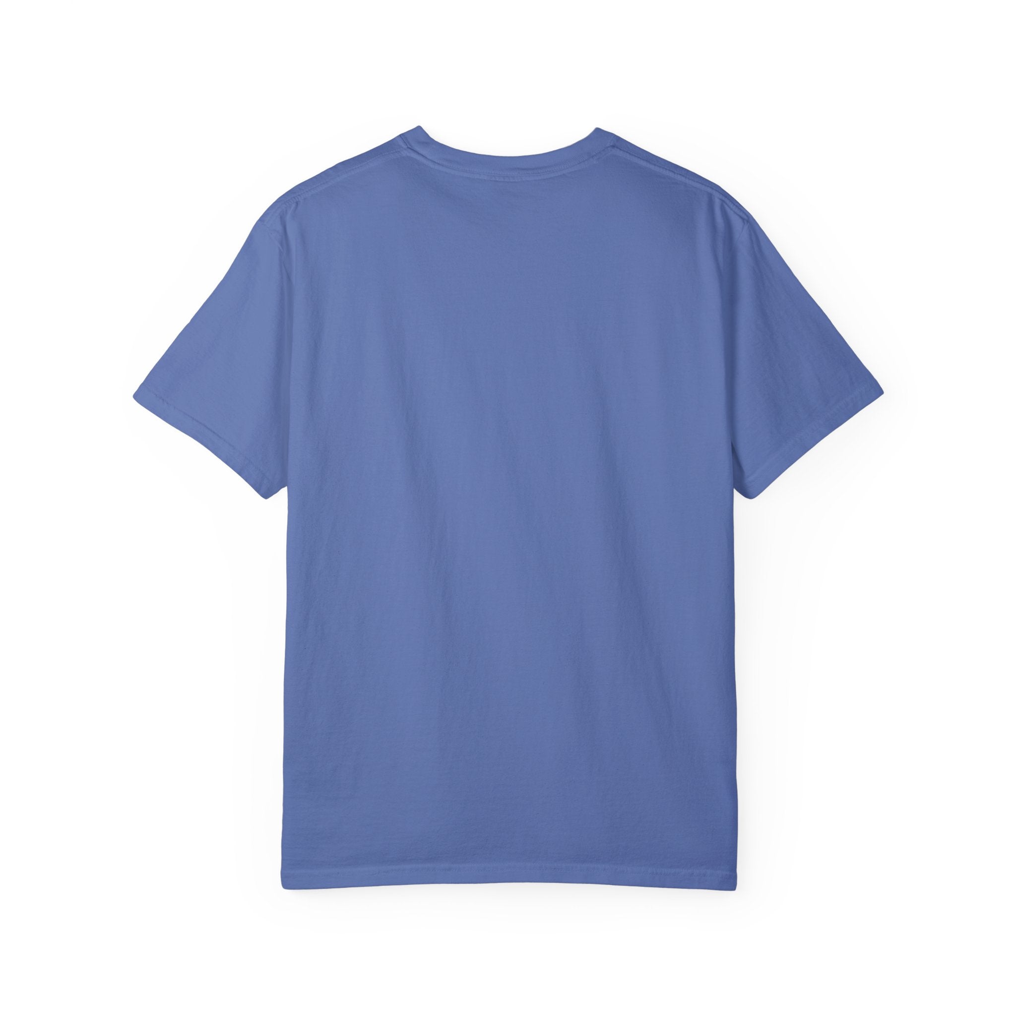 Back view of blue LuckeLadybug funny husky shirt for adults plain cotton t-shirt