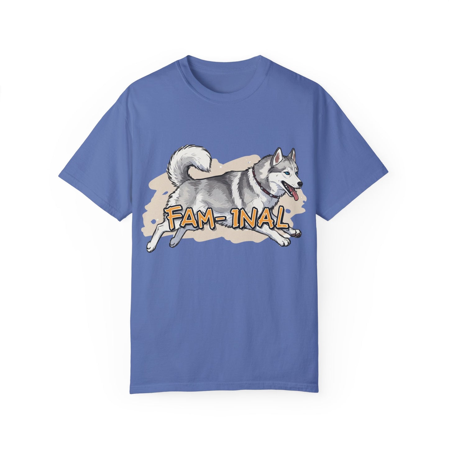 LuckeLadybug funny husky shirt for adults with playful husky and fam-inal text on blue tee