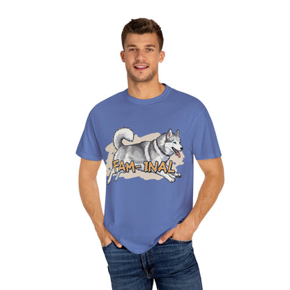 Funny husky shirt for adults in blue with cartoon husky and fam-inal text design