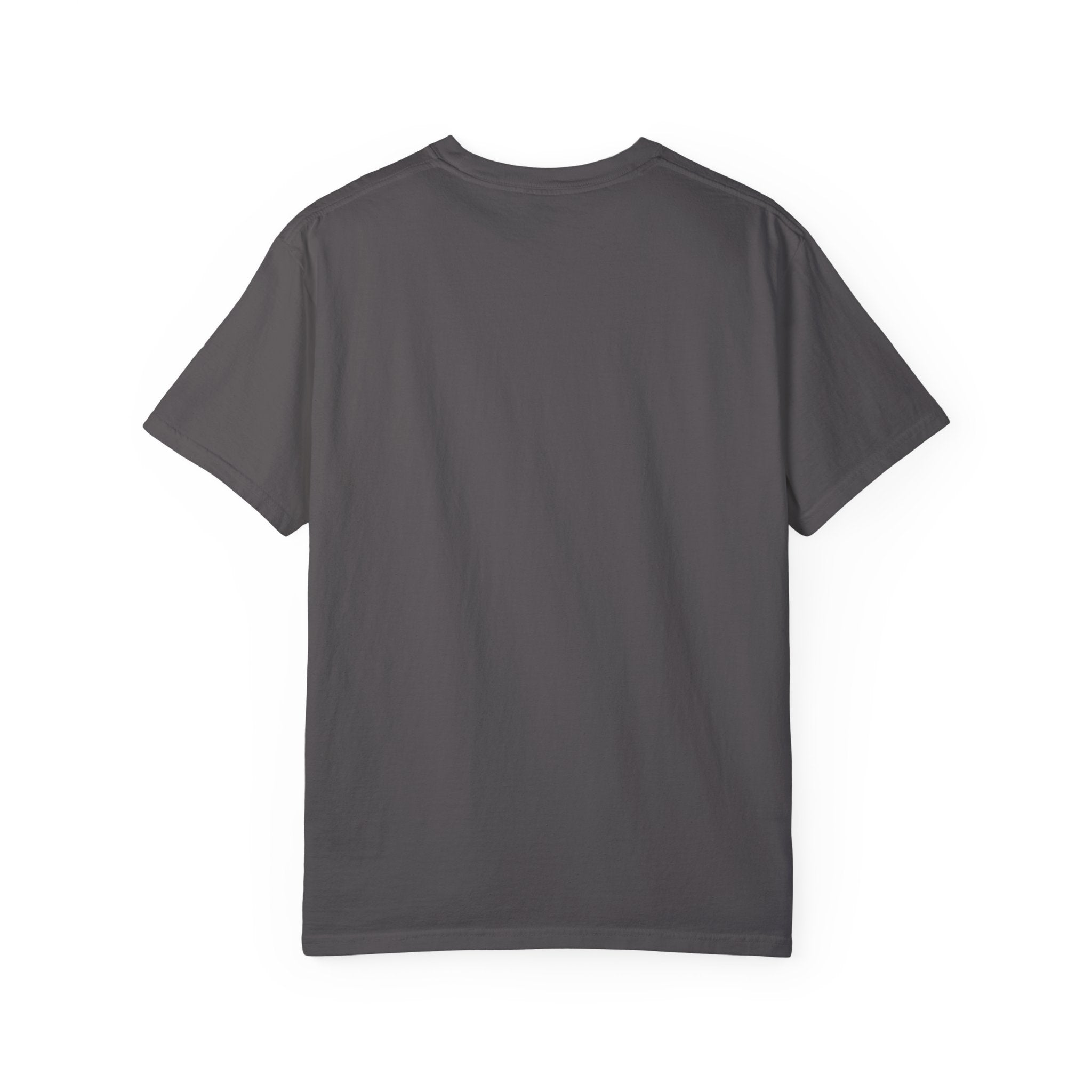 Back view of dark gray T-shirt by LuckeLadybug perfect as a funny husky shirt for adults