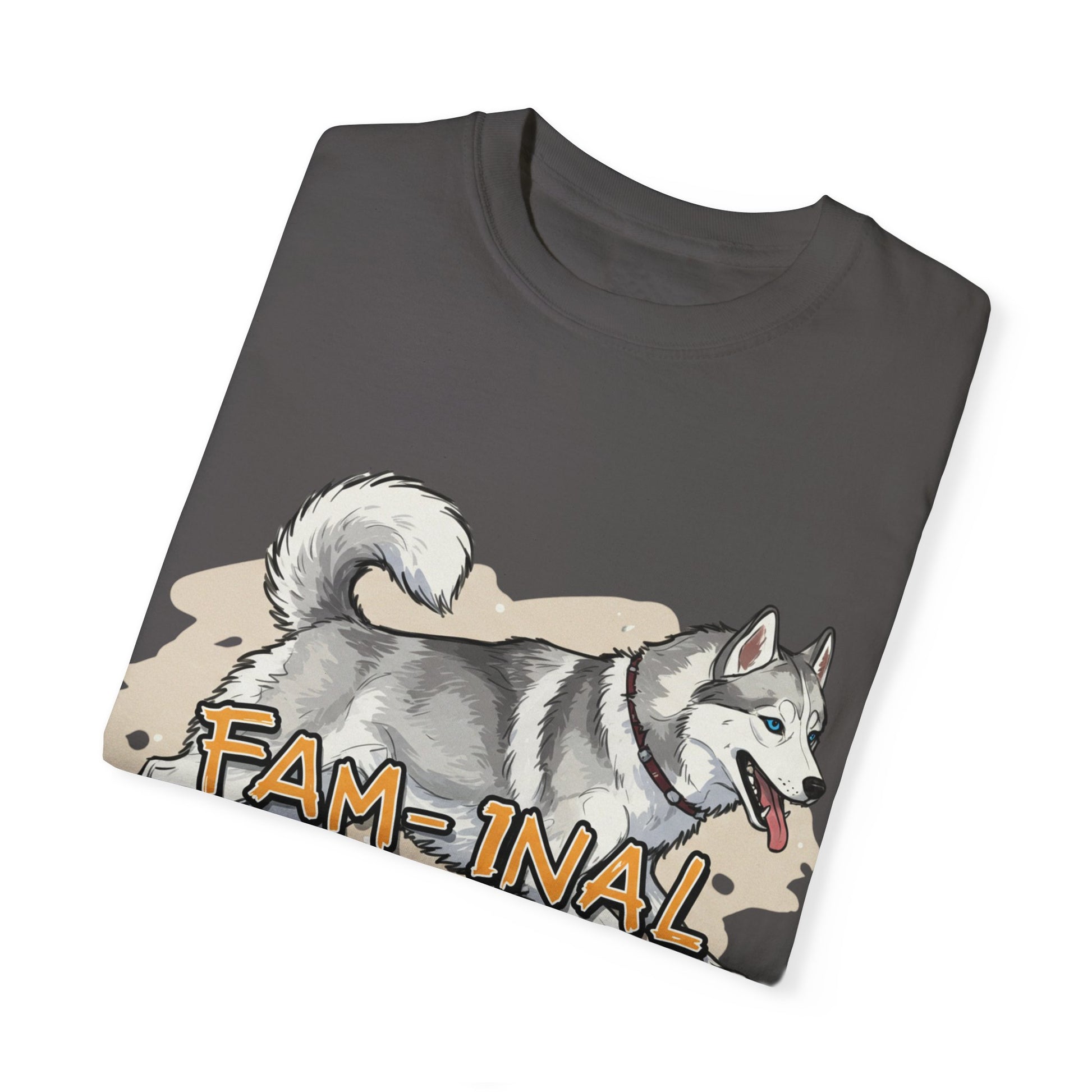 LuckeLadybug funny husky shirt for adults featuring a playful husky with text on a dark gray tee