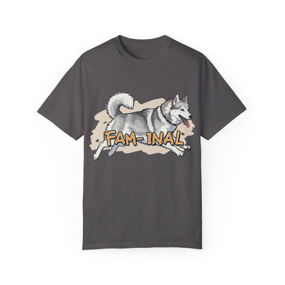 Funny husky shirt for adults with playful husky and Fam-inal text on dark gray tee