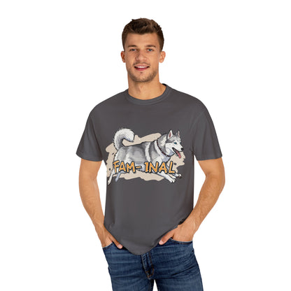 Funny husky shirt for adults in dark gray with playful husky graphic and FAM-INAL text