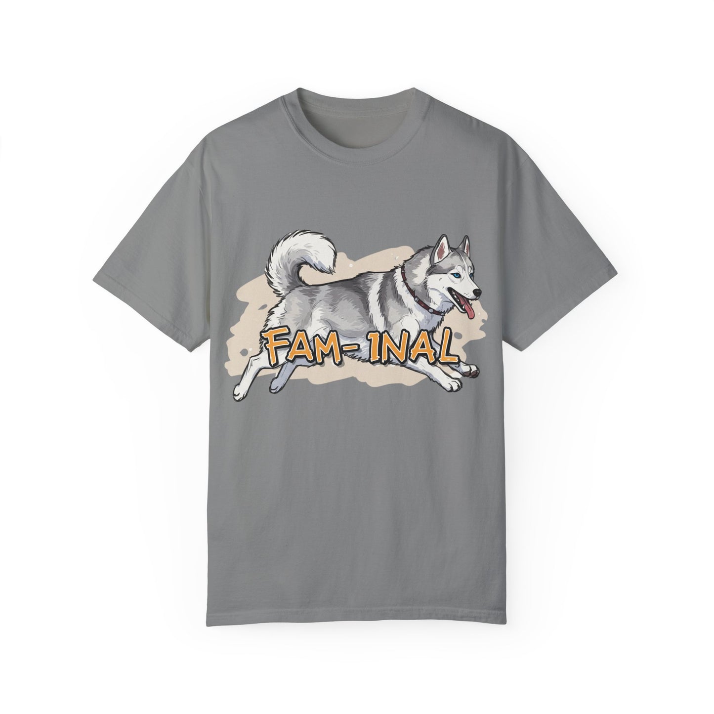 Gray funny husky shirt for adults featuring playful husky dog and text Fam-inal by LuckeLadybug
