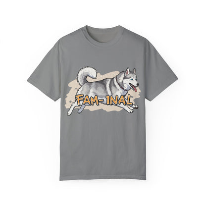 Gray funny husky shirt for adults featuring playful husky dog and text Fam-inal by LuckeLadybug