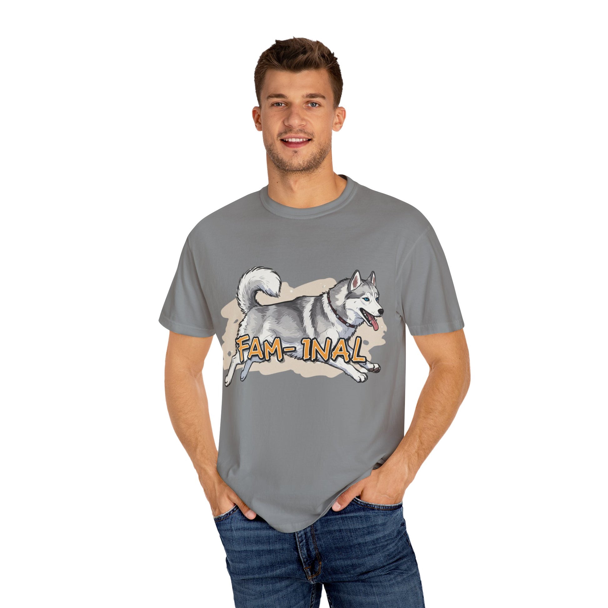 Funny husky shirt for adults in gray featuring a running husky dog and text fam-inal