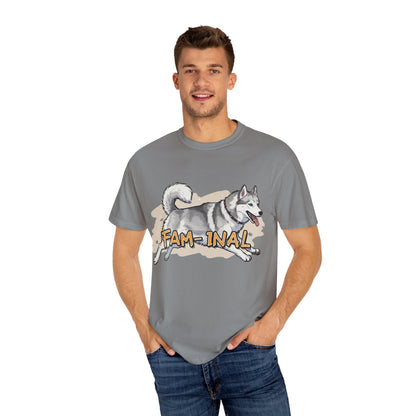 Funny husky shirt for adults in gray featuring a running husky dog and text fam-inal