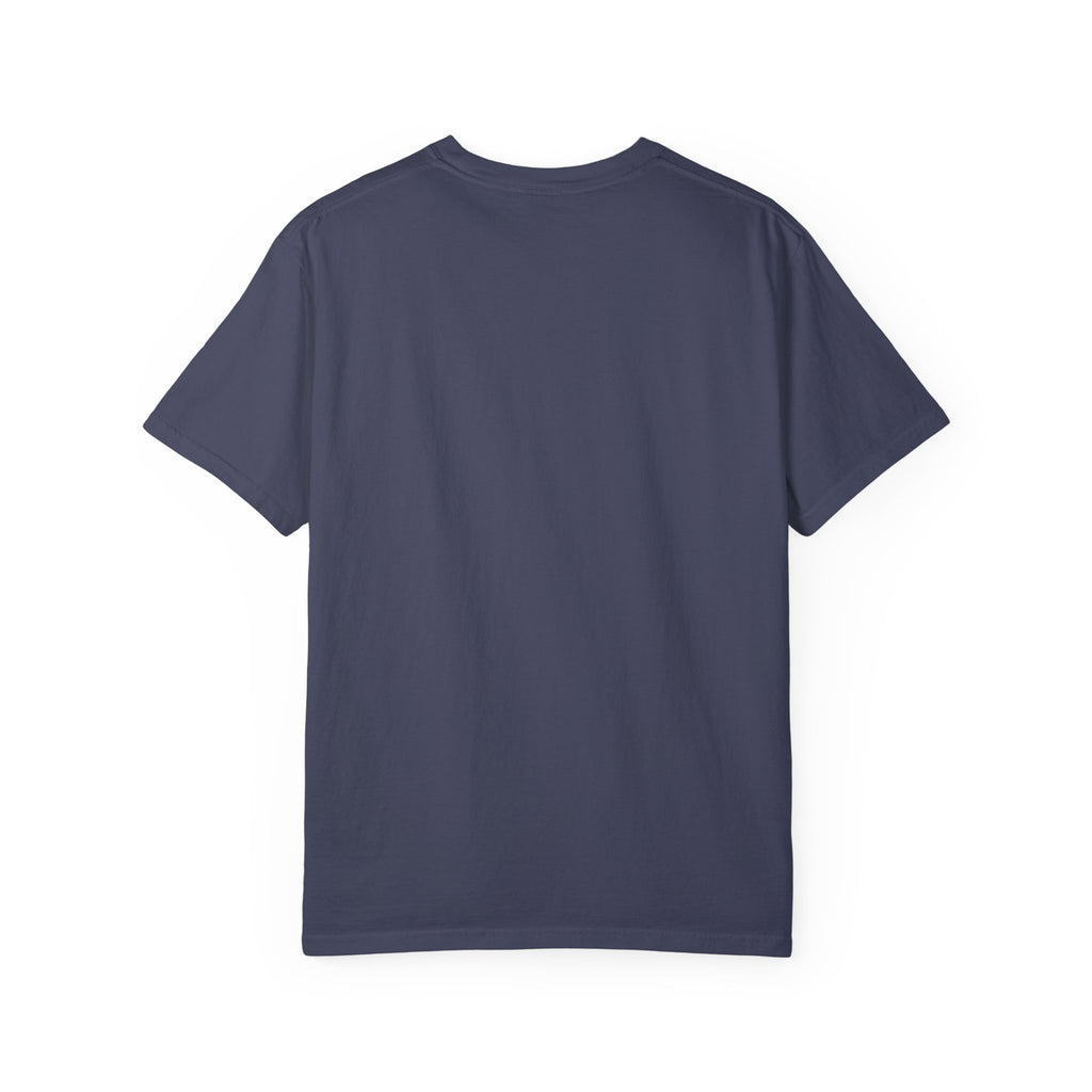 Back view of plain navy blue funny husky shirt for adults by LuckeLadybug in a classic t-shirt style