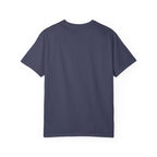 Back view of plain navy blue funny husky shirt for adults by LuckeLadybug in a classic t-shirt style