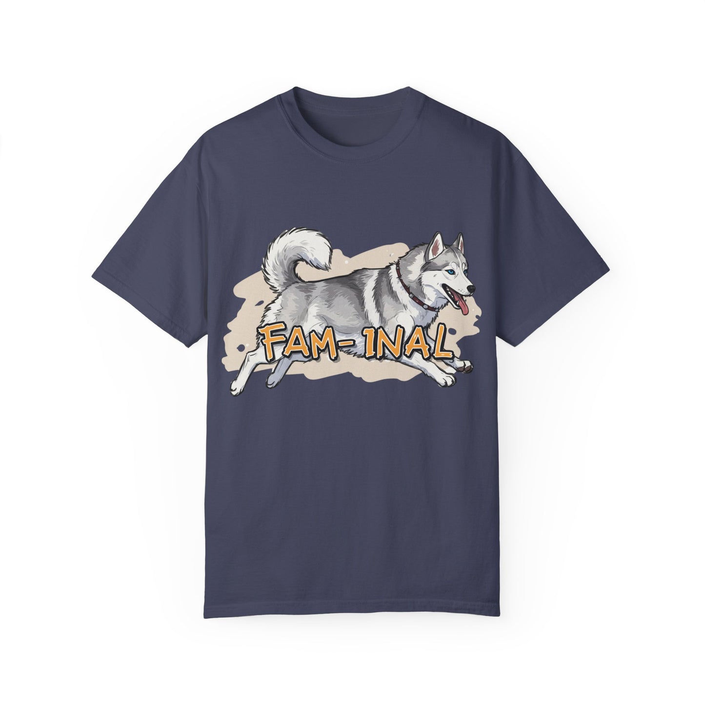 Funny husky shirt for adults in navy blue with a playful husky and fam-inal text design