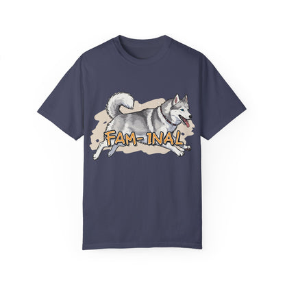 Funny husky shirt for adults in navy blue with a playful husky and fam-inal text design