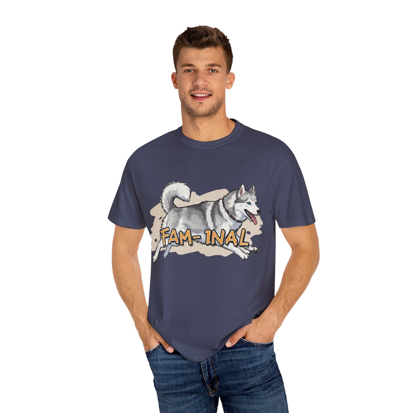 Funny husky shirt for adults featuring a playful husky graphic and FAM-INAL text on navy blue tee
