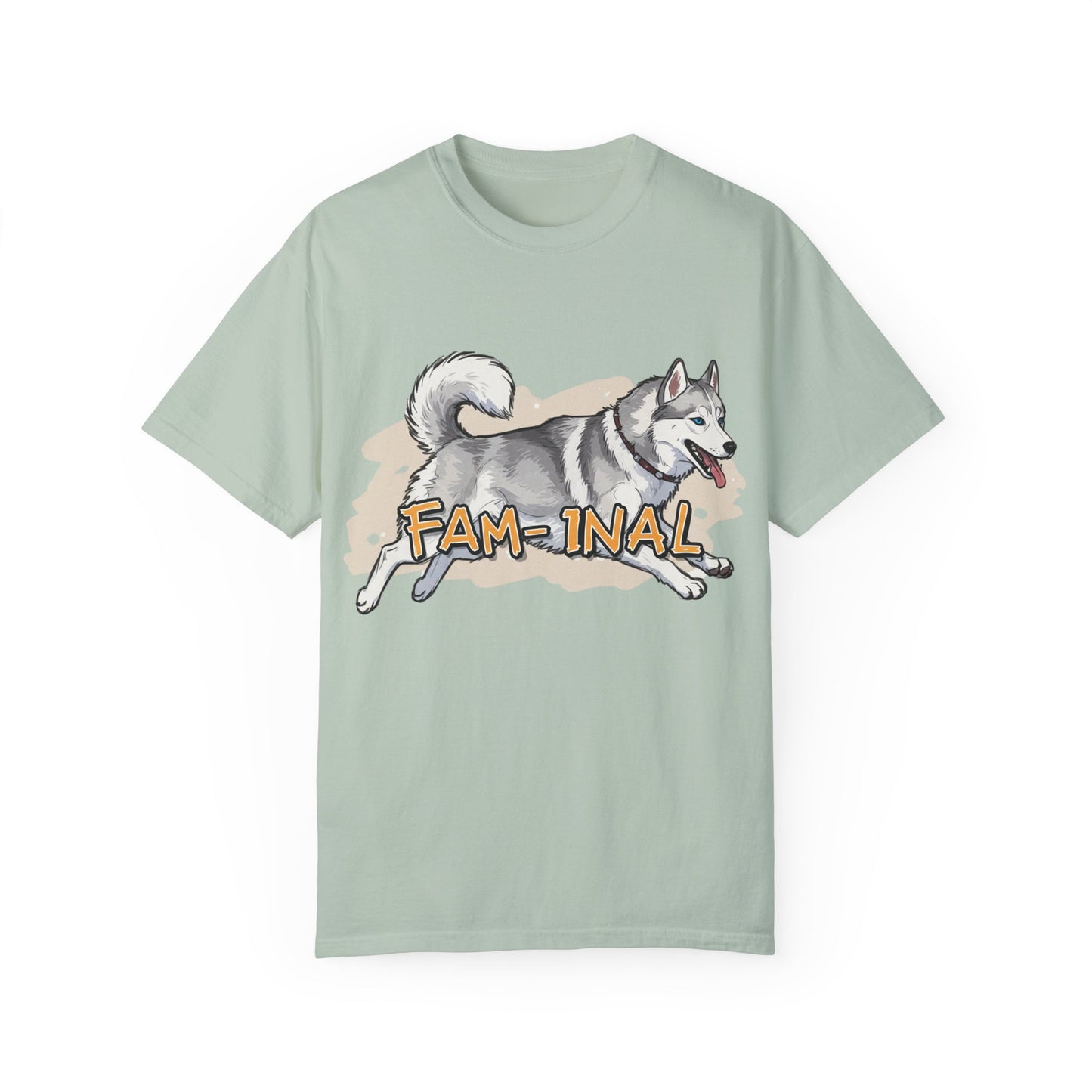 Funny husky shirt for adults with playful husky graphic and fam-inal text on light green tee