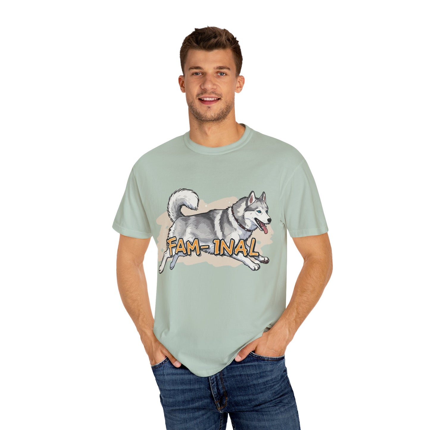 Funny husky shirt for adults with a playful husky dog and fam-inal text in light green color