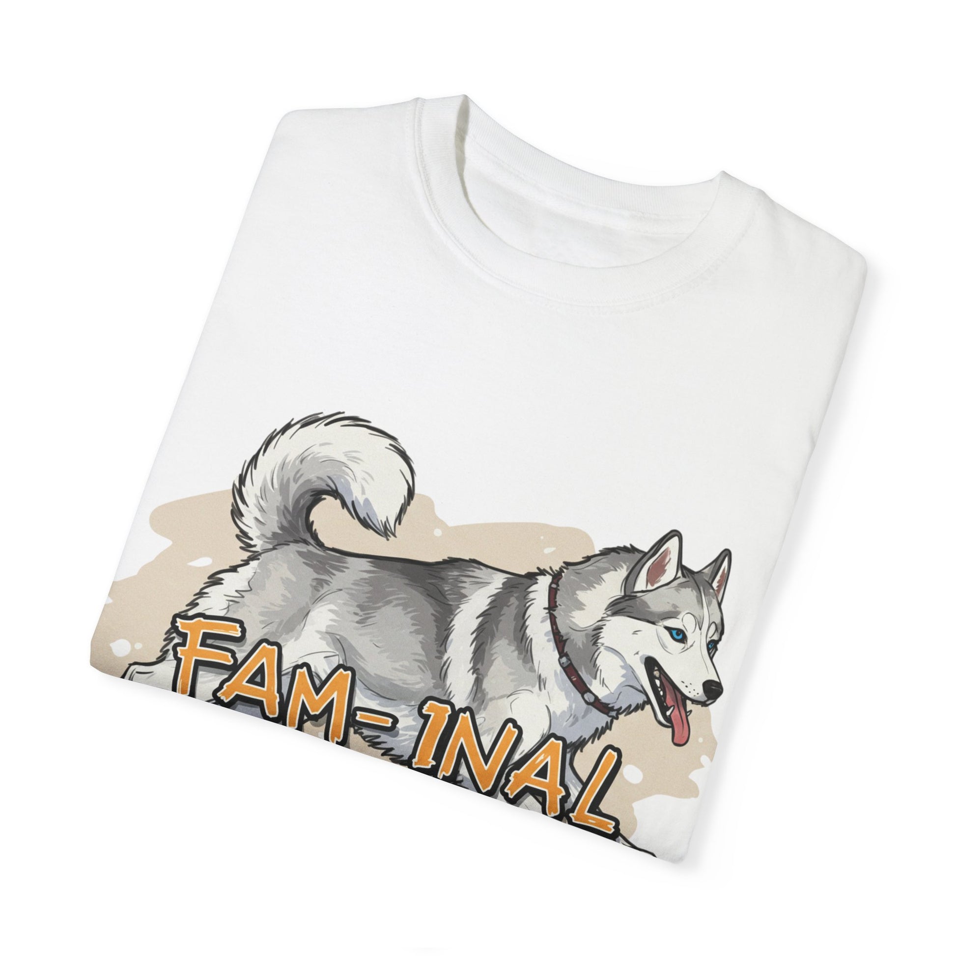 LuckeLadybug white t-shirt featuring a cartoon husky and text with funny husky shirt for adults