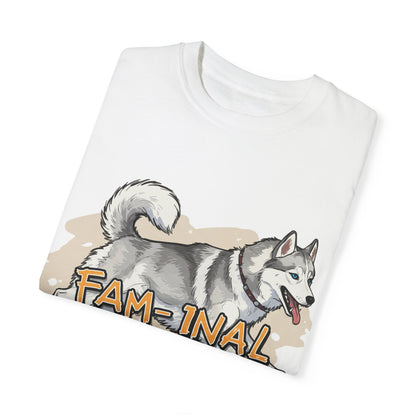 LuckeLadybug white t-shirt featuring a cartoon husky and text with funny husky shirt for adults