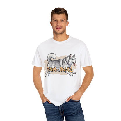 LuckeLadybug funny husky shirt for adults featuring a playful running husky and FAM-INAL text