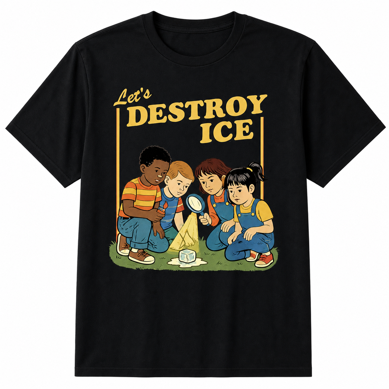 Funny t-shirt featuring kids on a mission to destroy ice with a playful vintage design