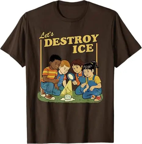 Funny t-shirt with a vintage cartoon design of kids focused on destroying ice