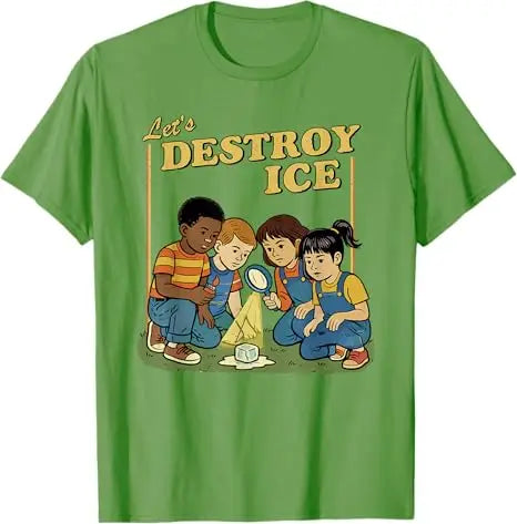 Funny t-shirt with kids gathered around a melting ice cube, featuring retro art style and green background