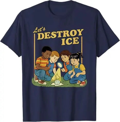 Funny t-shirt featuring kids playing and focused on a melting ice cube graphic