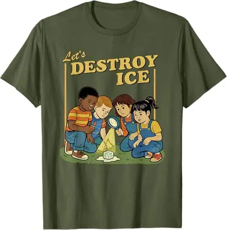 Funny t-shirt featuring kids with magnifying glass and a block of ice design