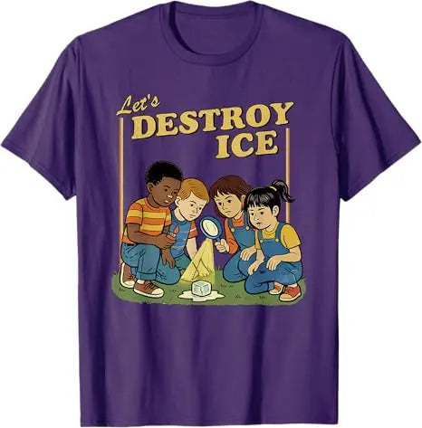 Purple funny t-shirt featuring children discovering ice while playing outside
