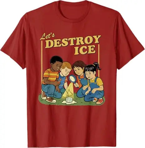 Funny t-shirt featuring kids exploring ice with a magnifying glass for a playful design