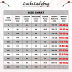 LuckeLadybug Funny T-Shirt Size Chart with Measurements for Bust, Length, Sleeve, and Weight
