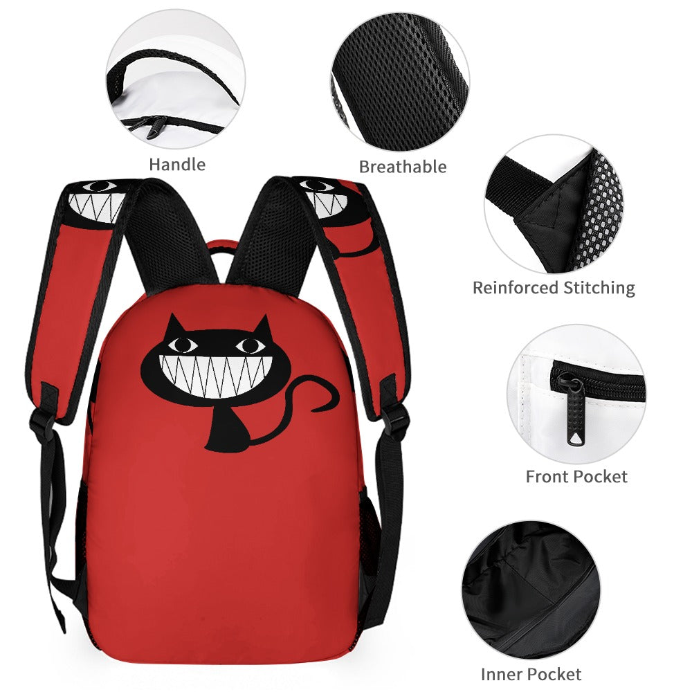 Inkedjoy Backpack 3 Piece Set Red Fun Cat Design red kids backpack with grinning black cat and padded breathable straps