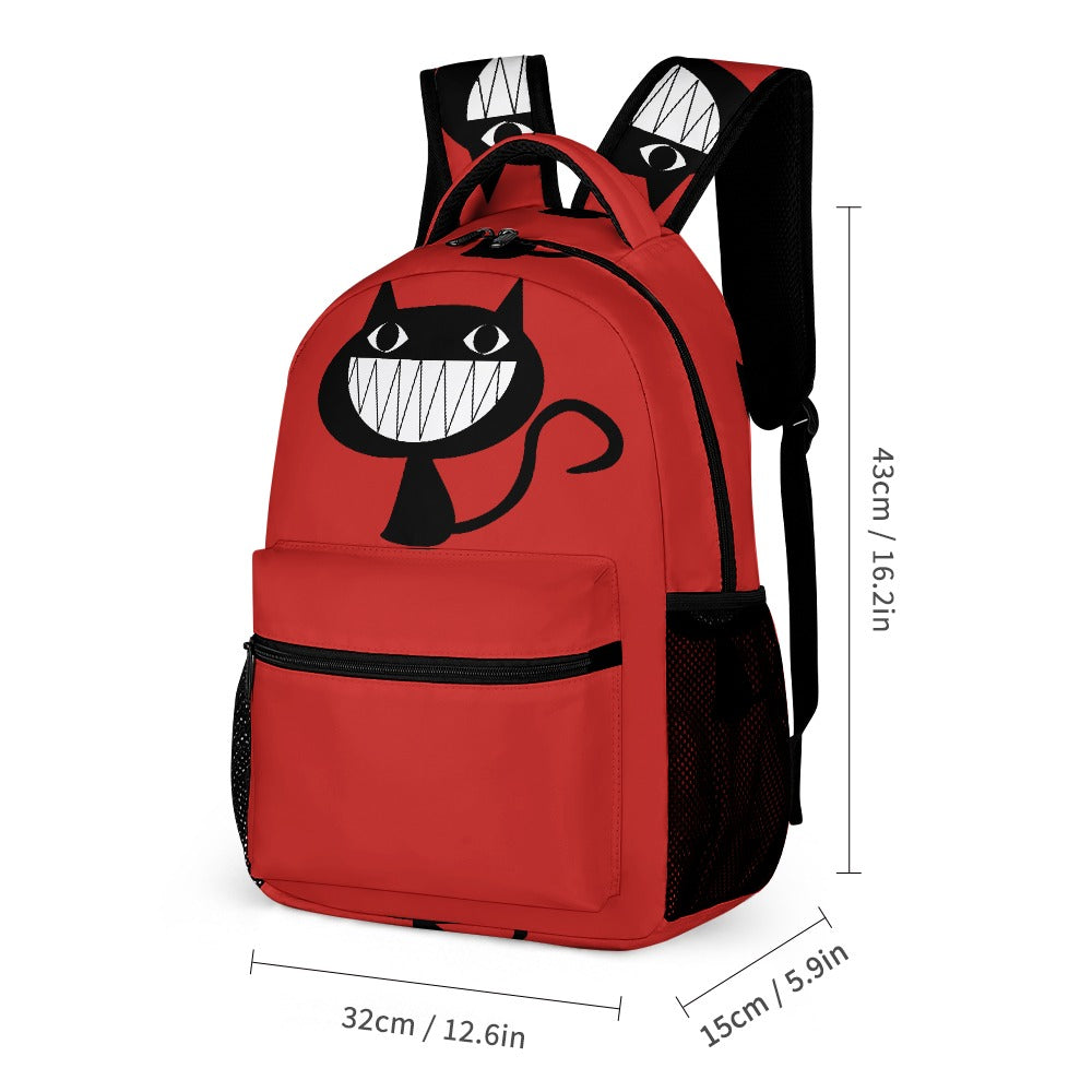Inkedjoy Backpack 3 Piece Set Red Fun Cat Design red backpack with smiling black cat face front zip pocket mesh side pockets