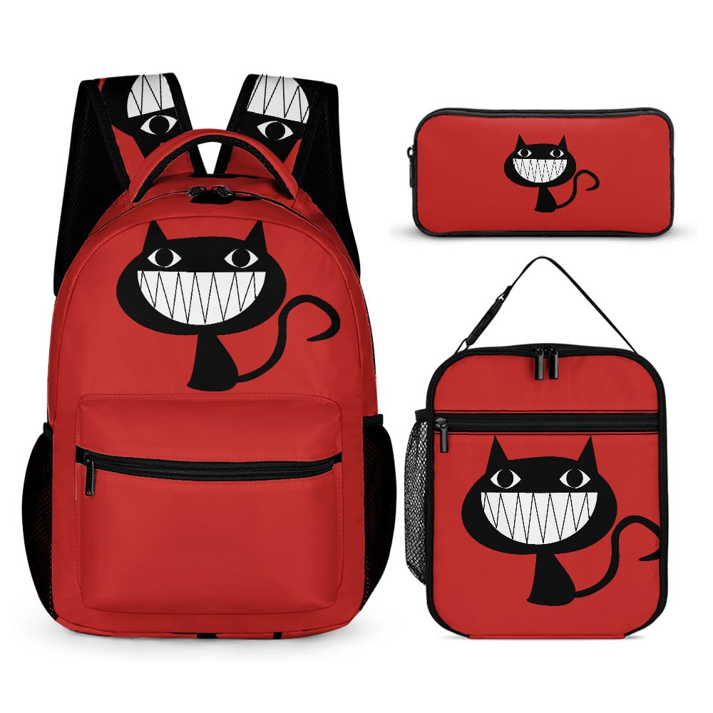 Inkedjoy Backpack 3 Piece Set Red Fun Cat Design with insulated lunch bag and pencil case