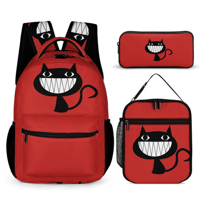 Inkedjoy Backpack 3 Piece Set Red Fun Cat Design with insulated lunch bag and pencil case