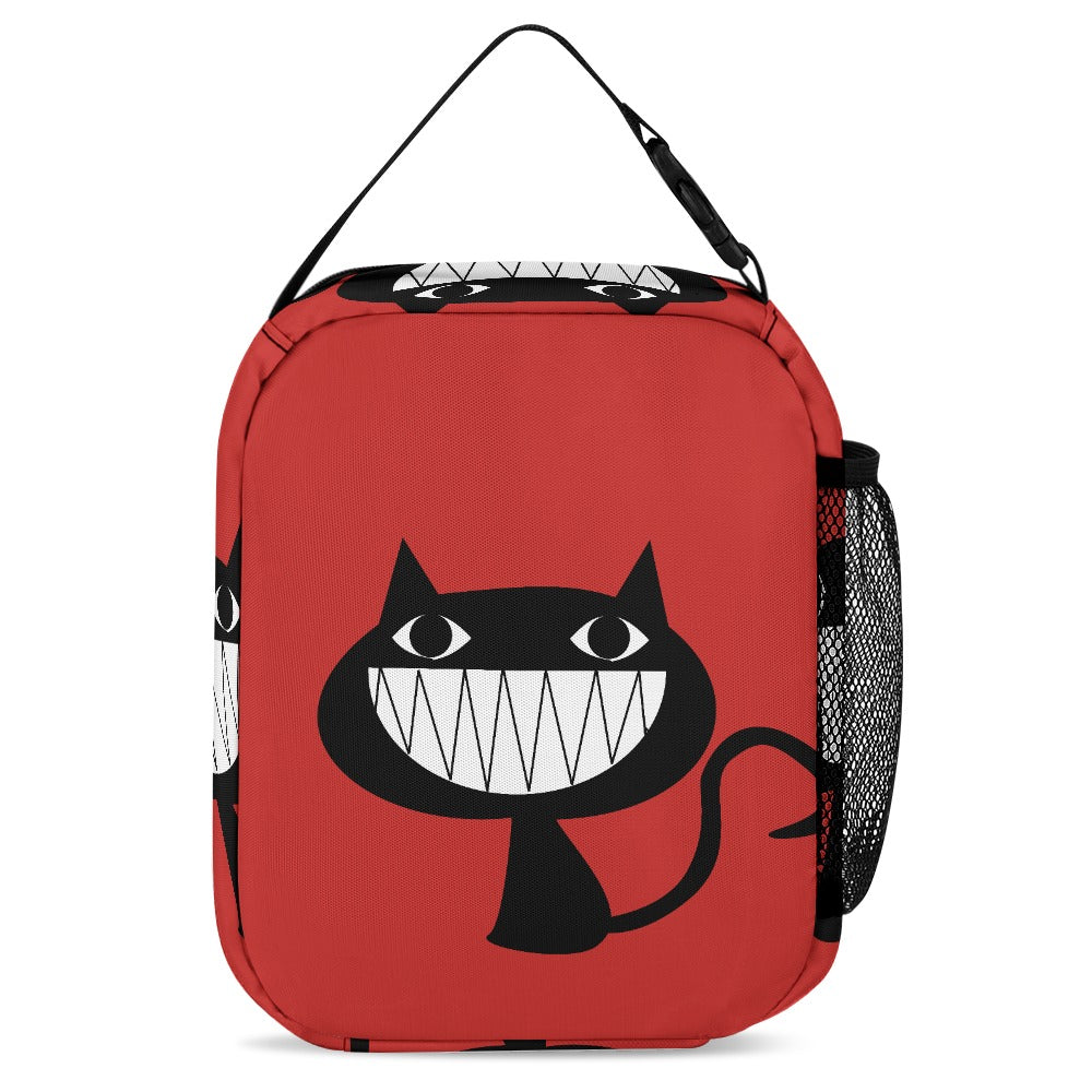 Inkedjoy Backpack 3 Piece Set Red Fun Cat Design compact red backpack with smiling black cat print and mesh bottle pocket