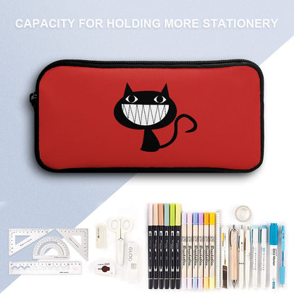 Inkedjoy Backpack 3 Piece Set Red Fun Cat Design red pencil case with smiling black cat and stationery