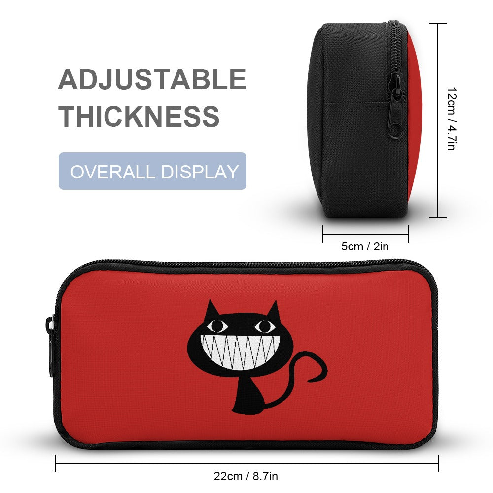 Inkedjoy small red zip pouch with smiling black cat graphic and measurements for Backpack 3 Piece Set Red Fun Cat Design