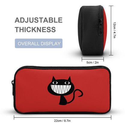 Inkedjoy small red zip pouch with smiling black cat graphic and measurements for Backpack 3 Piece Set Red Fun Cat Design