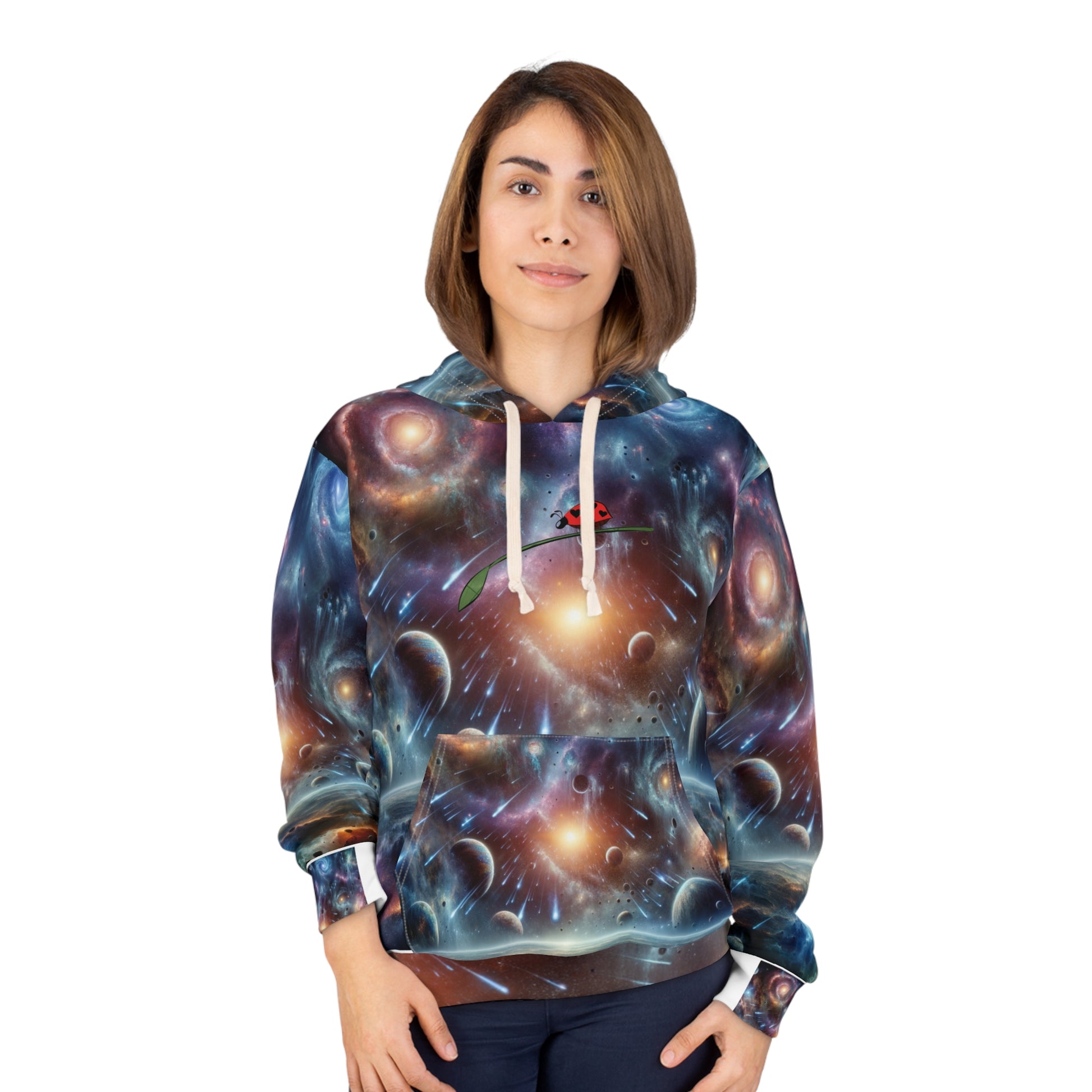 Futuristic space hoodie for men with galaxy and planet print by LuckeLadybug worn by a woman