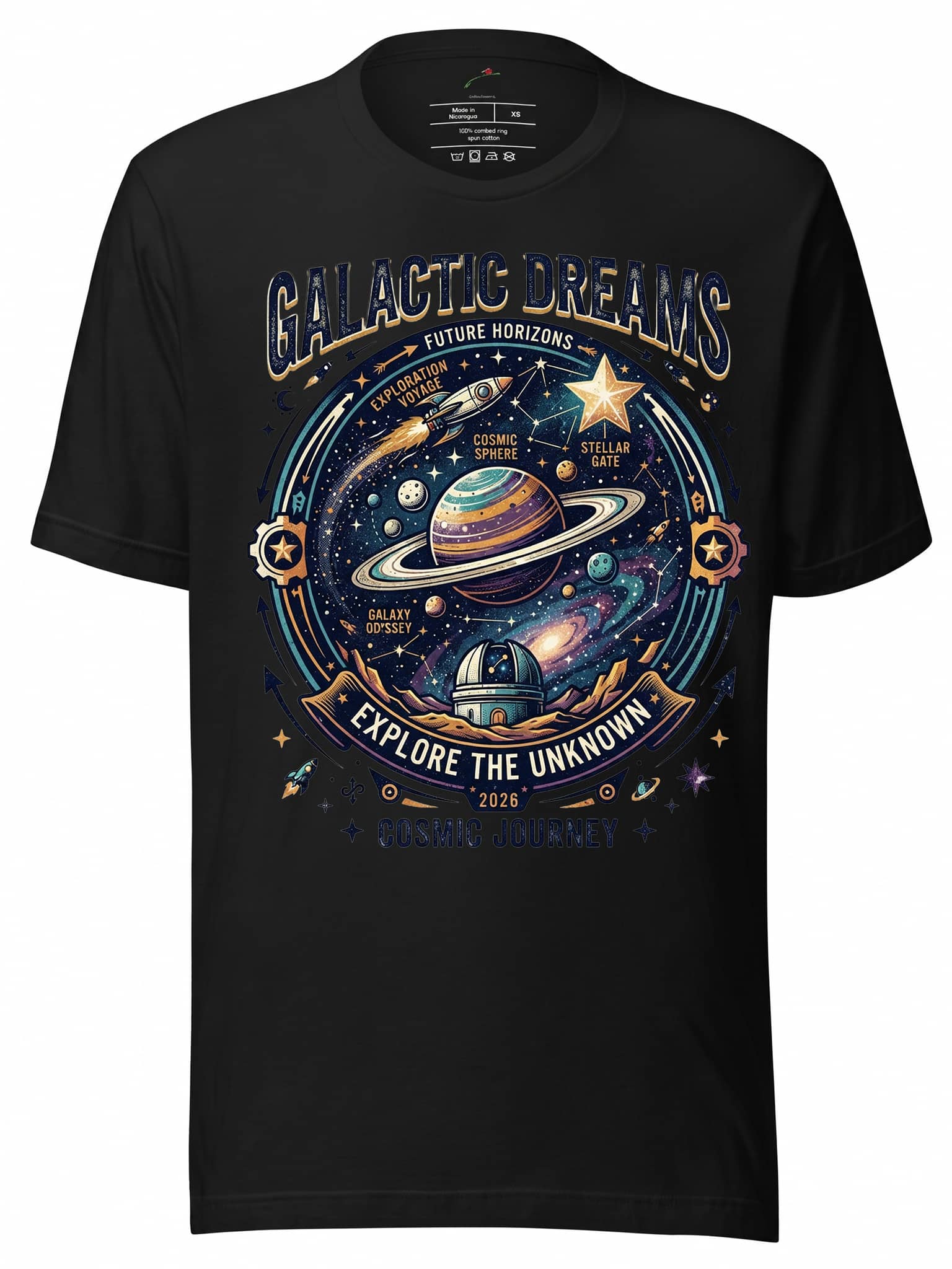 LuckeLadybug Galactic Dreams T-Shirt featuring a cosmic design with planets and the keyword powerball