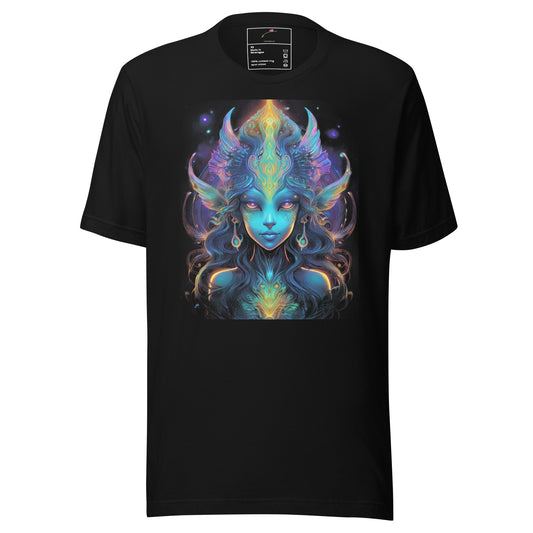 Black galactic space graphic tee featuring a colorful mystical female alien with glowing horns