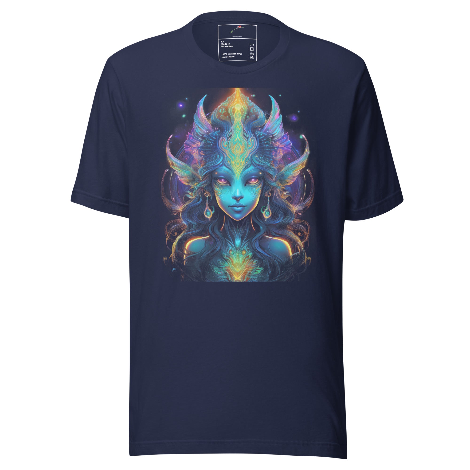 LuckeLadybug galactic space graphic tee with vibrant cosmic goddess design on navy blue T-shirt