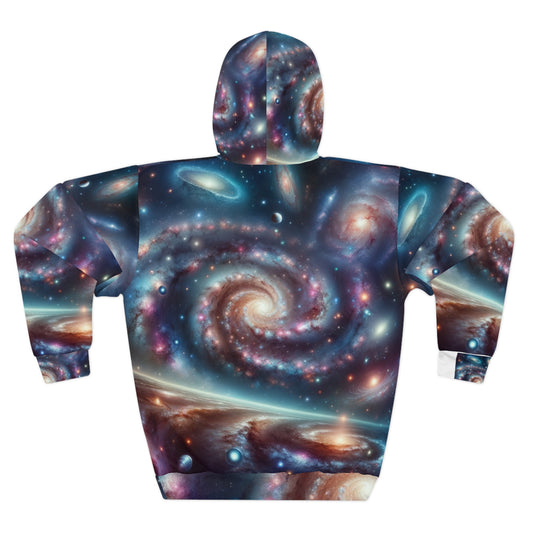 LuckeLadybug astronomy themed hoodie for men featuring vibrant galaxy and spiral nebula design