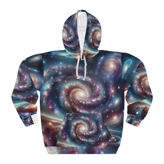 Astronomy themed hoodie for men featuring vibrant galaxy and spiral nebula design by LuckeLadybug