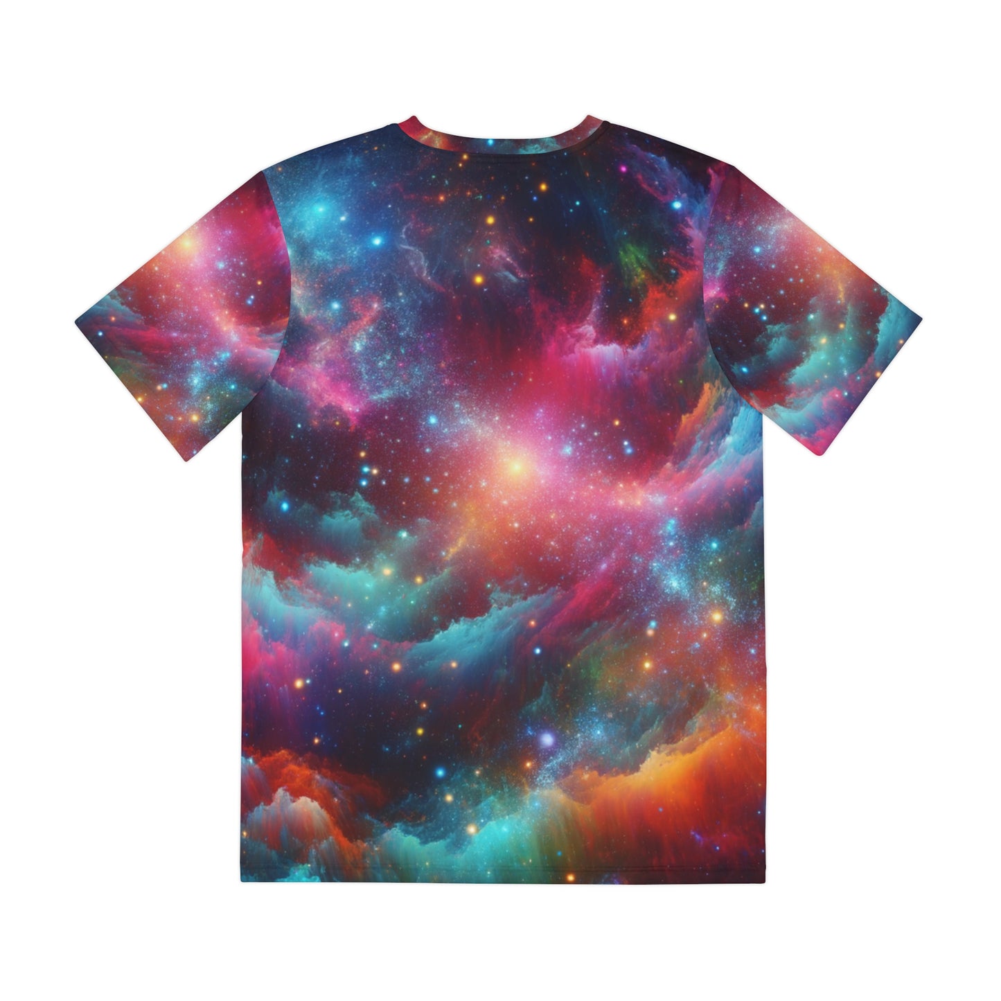 Galaxy neon abstract men's t-shirt featuring vibrant cosmic colors and patterns