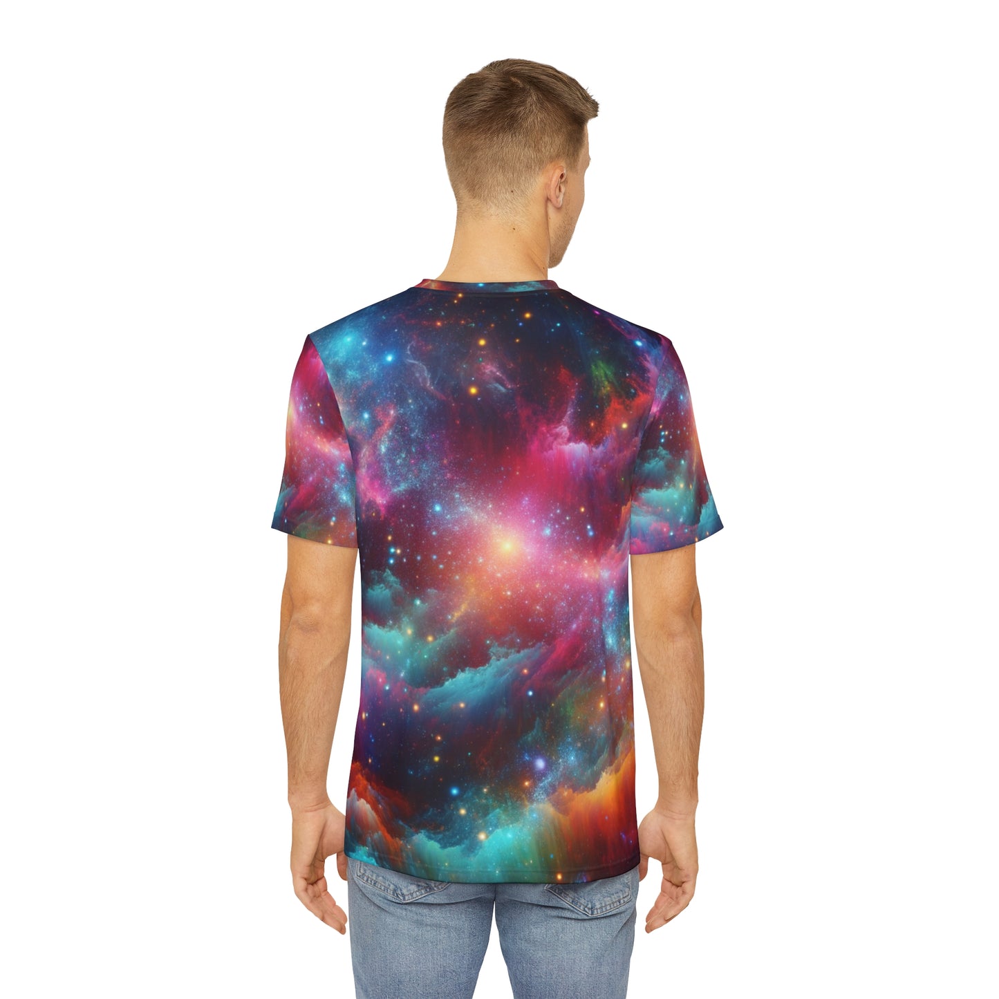 Men's T-Shirt featuring a galaxy neon abstract design from LuckeLadybug, vibrant cosmic colors