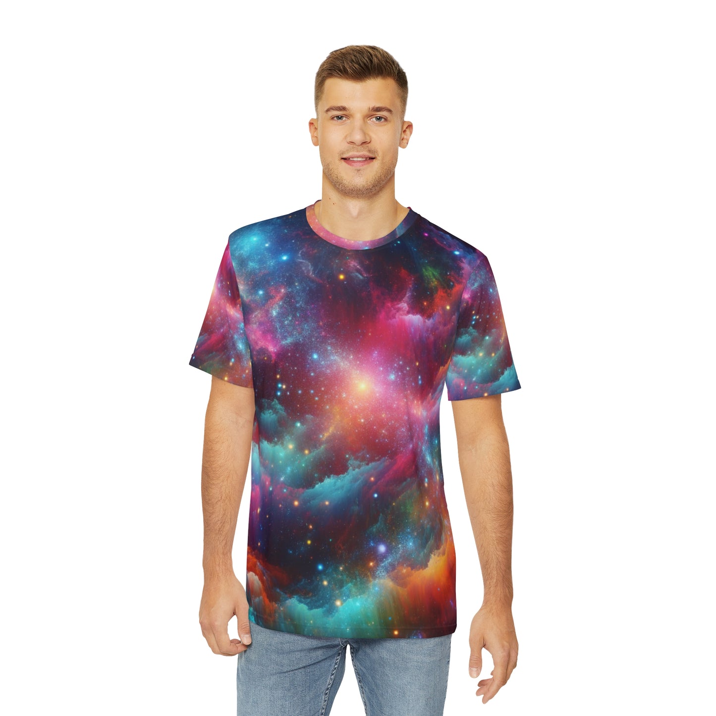 LuckeLadybug galaxy neon abstract men's t-shirt featuring a vibrant cosmic design